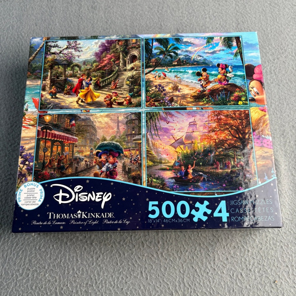 Disney Thomas Kinkade 4-in-1 Jigsaw Puzzle Set 500 Pieces Each Mickey Snow White